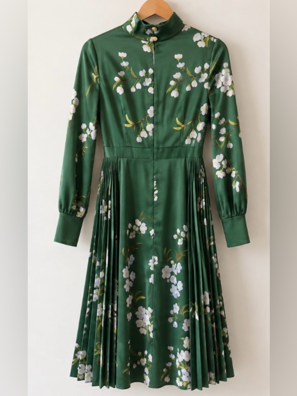 Ted Baker Green Floral Long-Sleeve Pleated Midi Dress